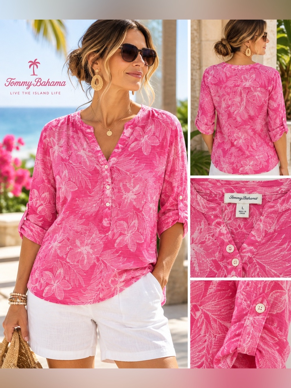 Tommy Bahama Women’s L Pink Floral Tunic Popover Roll Tab Resort Blouse